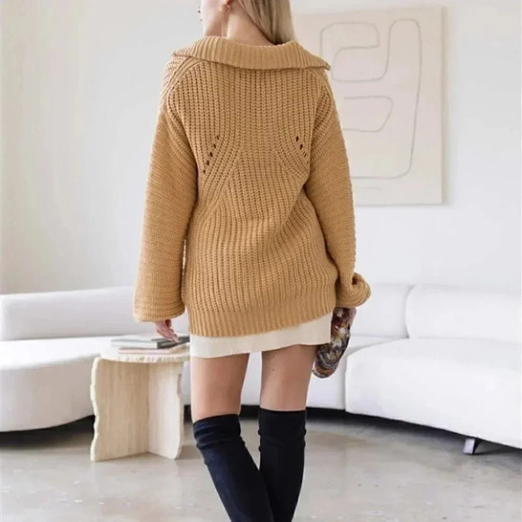Knit Collar V-Neck Long Sleeve Sweater Tan Taupe - Picture 6 of 6